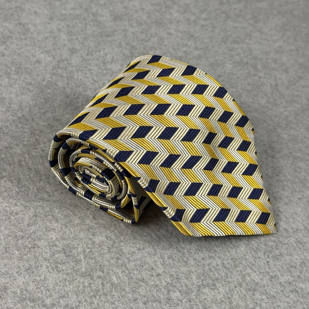Vintage Garrick Anderson Silk‎ Tie Gold Blue White Herringbone USA 58x4"
